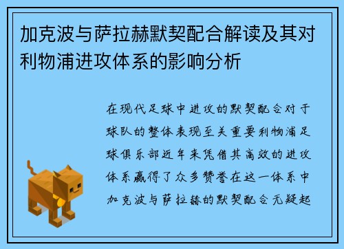加克波与萨拉赫默契配合解读及其对利物浦进攻体系的影响分析
