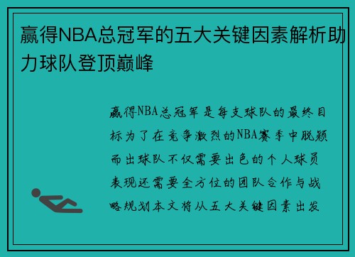 赢得NBA总冠军的五大关键因素解析助力球队登顶巅峰